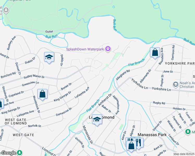 map of restaurants, bars, coffee shops, grocery stores, and more near 9327 King George Drive in Manassas