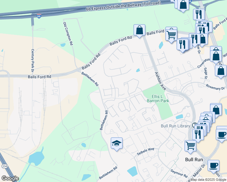 map of restaurants, bars, coffee shops, grocery stores, and more near 11446 Willow Green Circle in Manassas