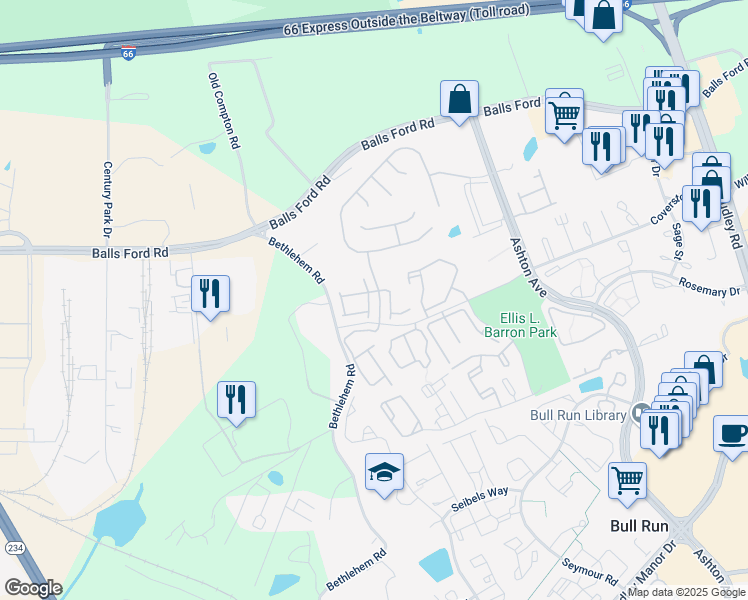 map of restaurants, bars, coffee shops, grocery stores, and more near 11446 Willow Green Circle in Manassas