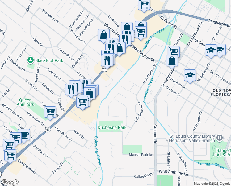 map of restaurants, bars, coffee shops, grocery stores, and more near 845 Cades Cove in Florissant