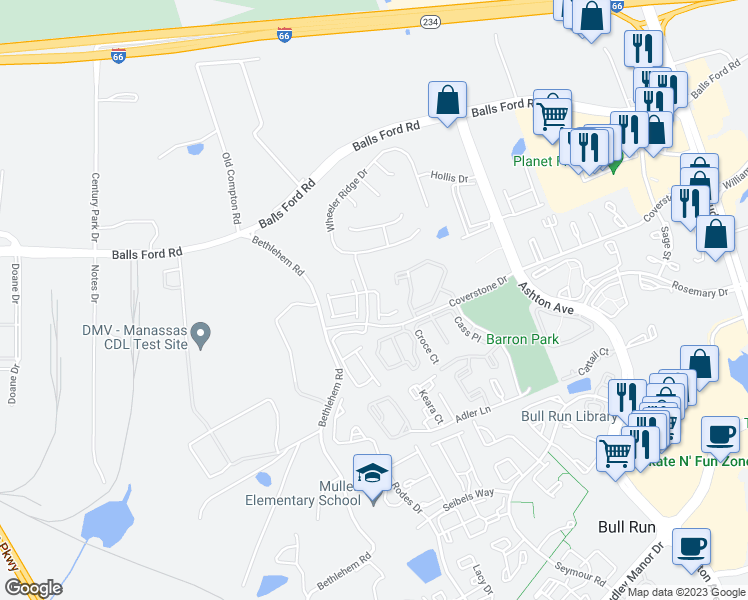 map of restaurants, bars, coffee shops, grocery stores, and more near 11243 Creek Ford Terrace in Manassas