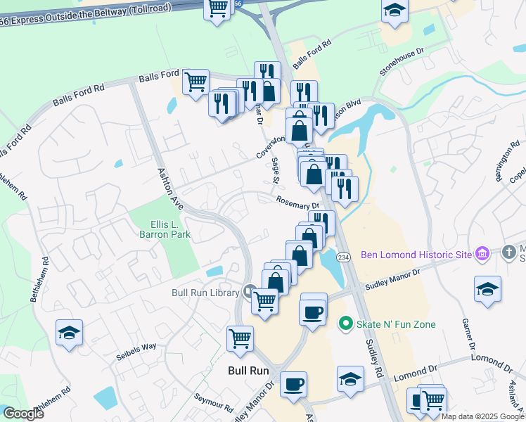 map of restaurants, bars, coffee shops, grocery stores, and more near 7601 Ashton Avenue in Manassas