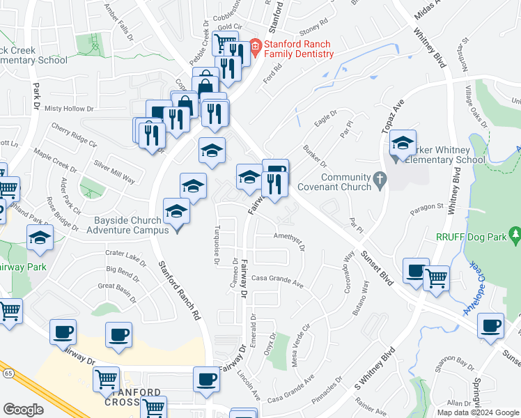 map of restaurants, bars, coffee shops, grocery stores, and more near 2640 Sunset Boulevard in Rocklin