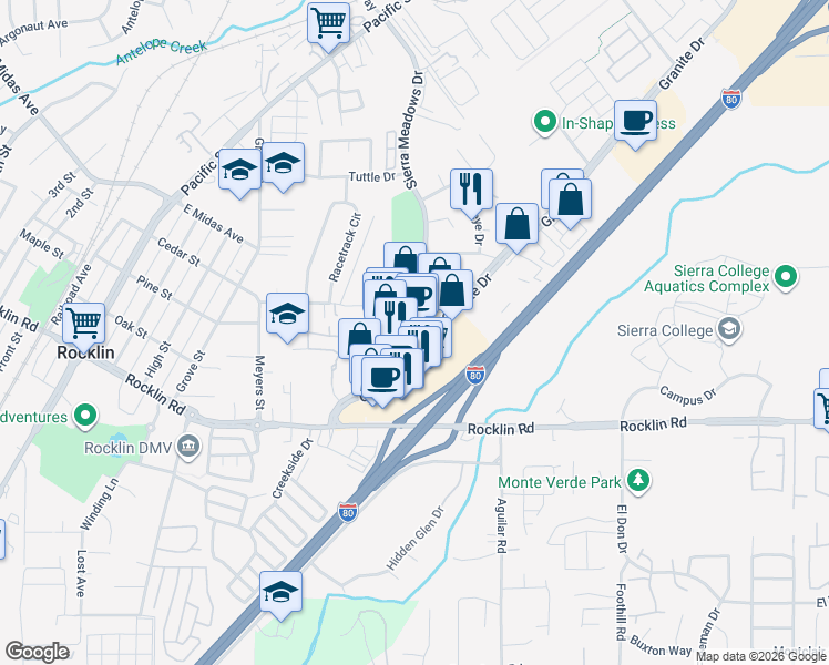 map of restaurants, bars, coffee shops, grocery stores, and more near 4512 Granite Drive in Rocklin