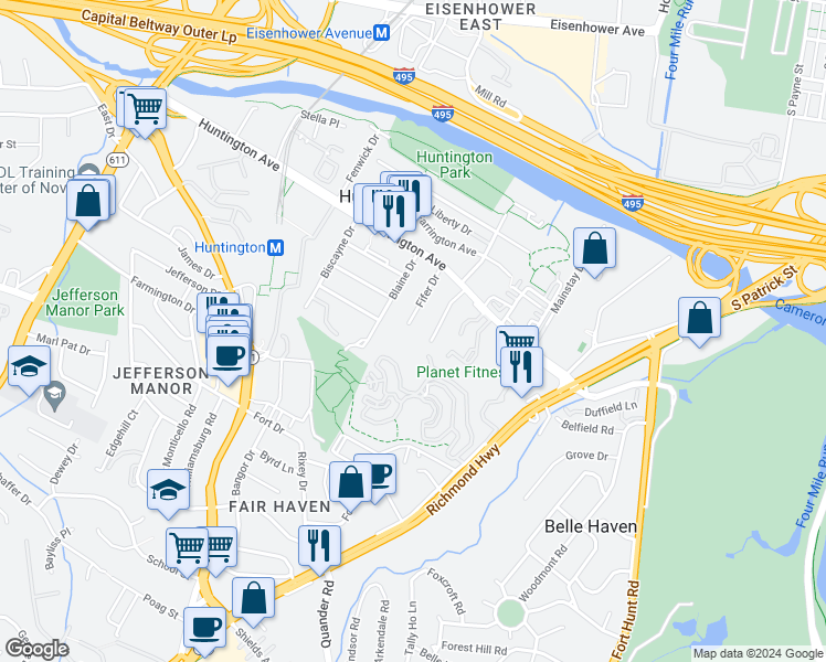 map of restaurants, bars, coffee shops, grocery stores, and more near 5847 Fifer Drive in Alexandria