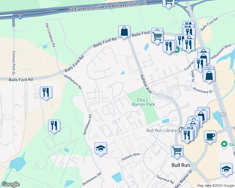 map of restaurants, bars, coffee shops, grocery stores, and more near 11987 Coverstone Hill Circle in Manassas