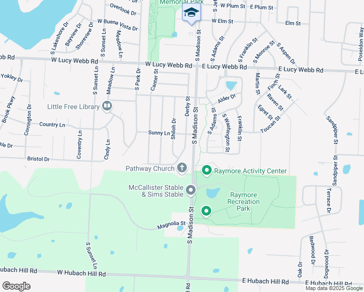 map of restaurants, bars, coffee shops, grocery stores, and more near 805 Shiloh Drive in Raymore