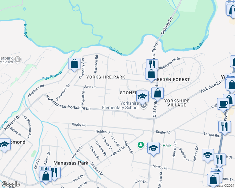 map of restaurants, bars, coffee shops, grocery stores, and more near 7557 Whitehall Drive in Manassas