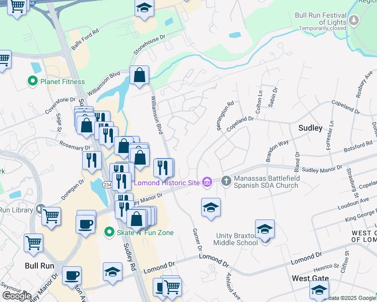 map of restaurants, bars, coffee shops, grocery stores, and more near 7626 Michelle Court in Manassas