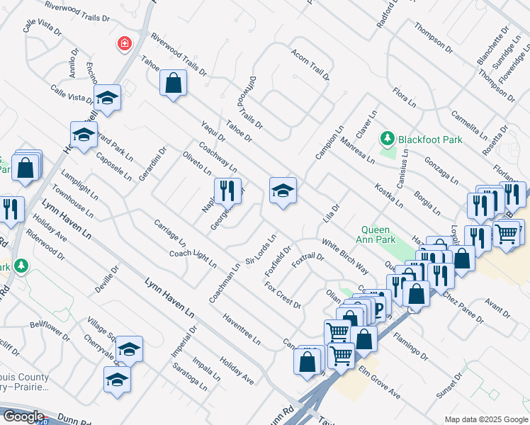 map of restaurants, bars, coffee shops, grocery stores, and more near 621 Coachway Lane in Hazelwood