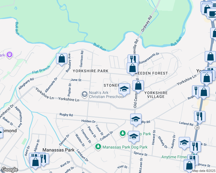 map of restaurants, bars, coffee shops, grocery stores, and more near 7616 Somerset Lane in Manassas