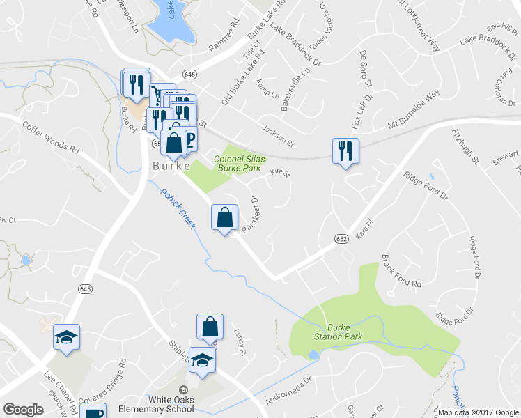 map of restaurants, bars, coffee shops, grocery stores, and more near 5835 Parakeet Drive in Burke