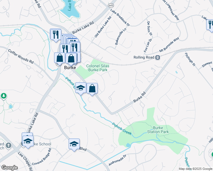 map of restaurants, bars, coffee shops, grocery stores, and more near 5835 Parakeet Drive in Burke