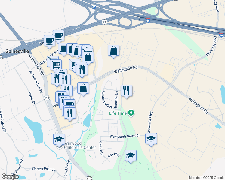 map of restaurants, bars, coffee shops, grocery stores, and more near 13664 Sovereign Way in Gainesville