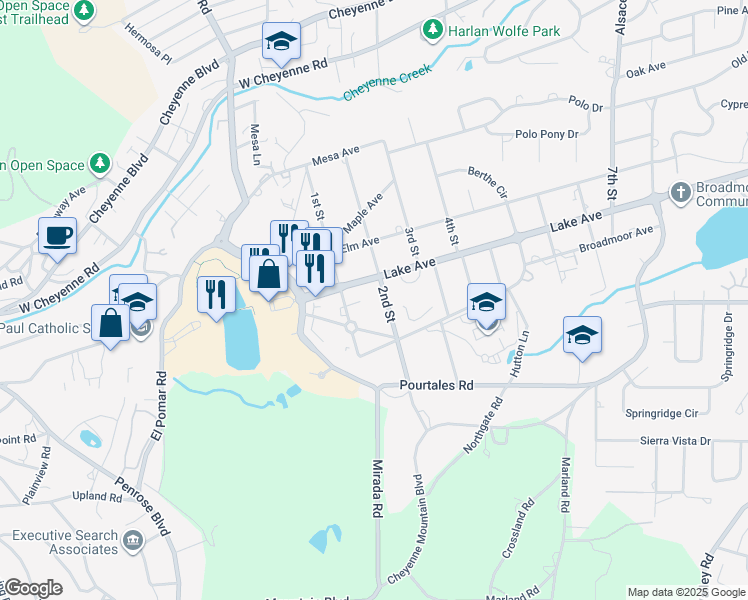 map of restaurants, bars, coffee shops, grocery stores, and more near 2 2nd Street in Colorado Springs