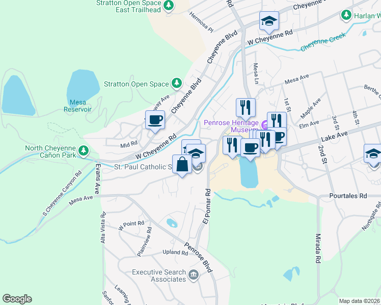 map of restaurants, bars, coffee shops, grocery stores, and more near 1600 Pine Grove Avenue in Colorado Springs