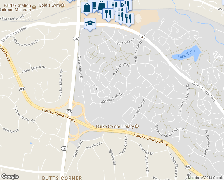 map of restaurants, bars, coffee shops, grocery stores, and more near 10821 Burr Oak Way in Burke