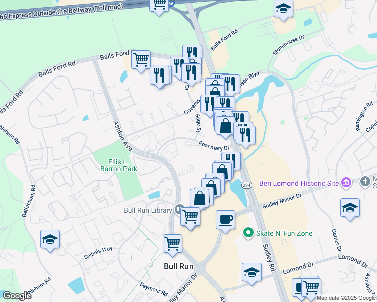 map of restaurants, bars, coffee shops, grocery stores, and more near 7601 Ashton Avenue in Manassas