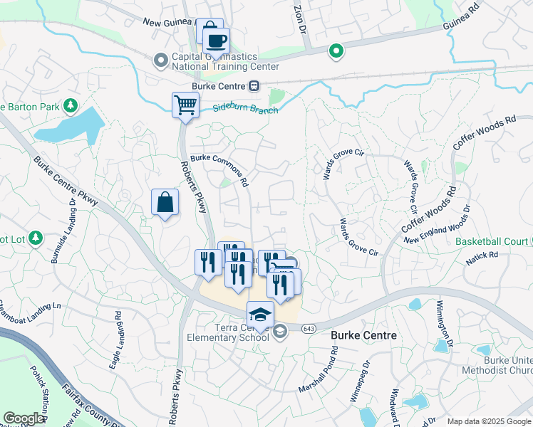 map of restaurants, bars, coffee shops, grocery stores, and more near 5820 Wye Oak Commons Court in Burke