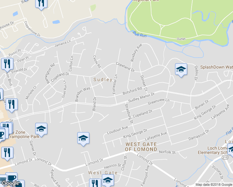 map of restaurants, bars, coffee shops, grocery stores, and more near 7521 Forrester Lane in Manassas