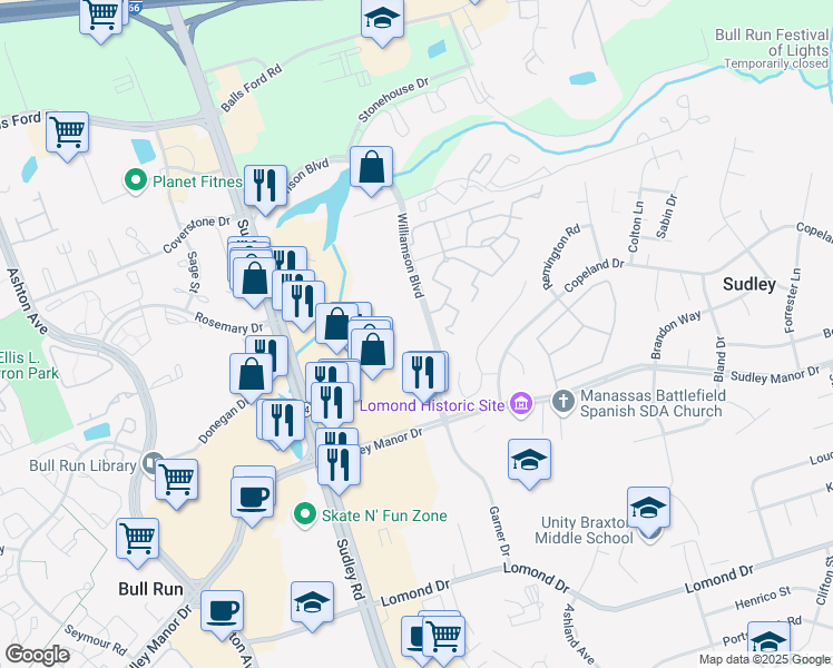 map of restaurants, bars, coffee shops, grocery stores, and more near 10508 Montrose Way in Manassas