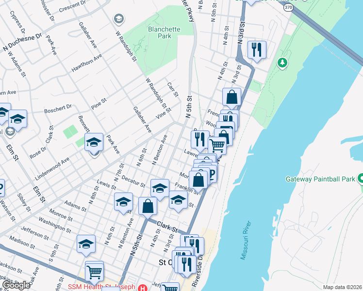 map of restaurants, bars, coffee shops, grocery stores, and more near 1110 North 5th Street in Saint Charles