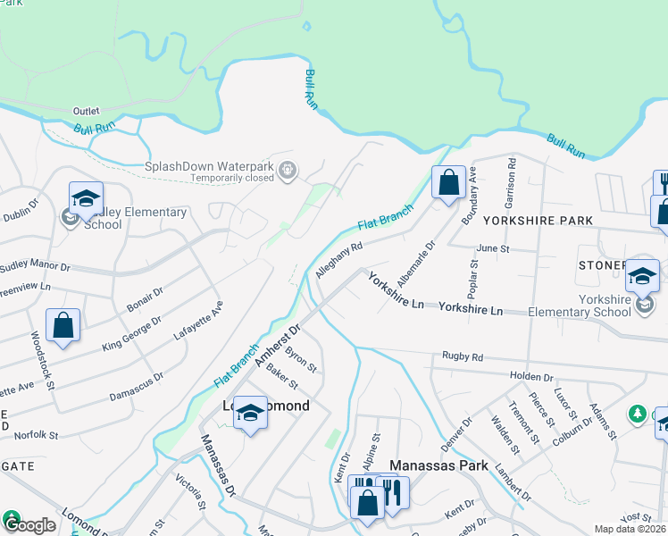 map of restaurants, bars, coffee shops, grocery stores, and more near 7561 Alleghany Road in Manassas