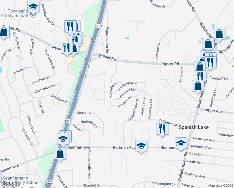 map of restaurants, bars, coffee shops, grocery stores, and more near 1934 Lakeheights Ln in St Louis