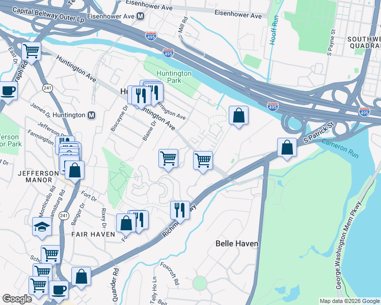 map of restaurants, bars, coffee shops, grocery stores, and more near 5823 Berkshire Court in Alexandria
