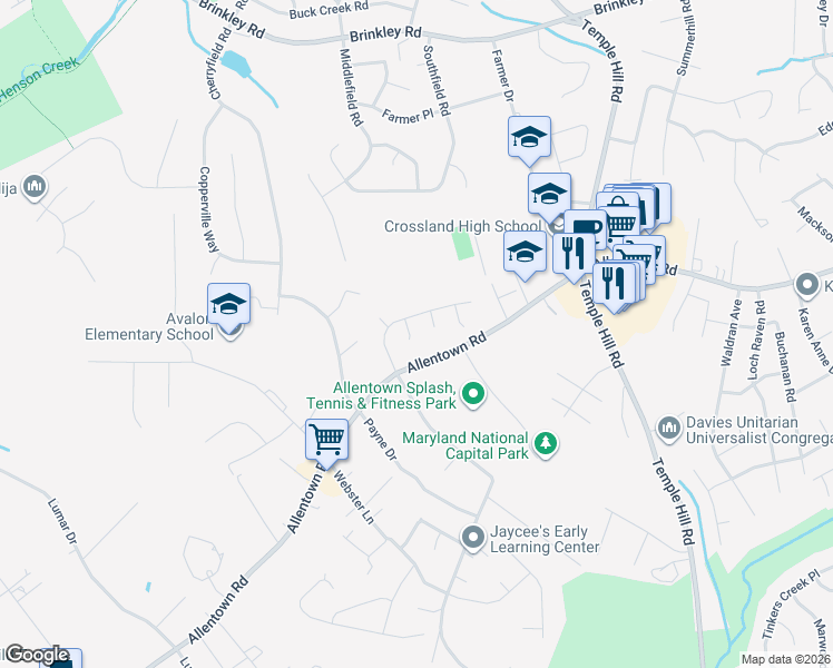 map of restaurants, bars, coffee shops, grocery stores, and more near 7104 Emma Court in Fort Washington