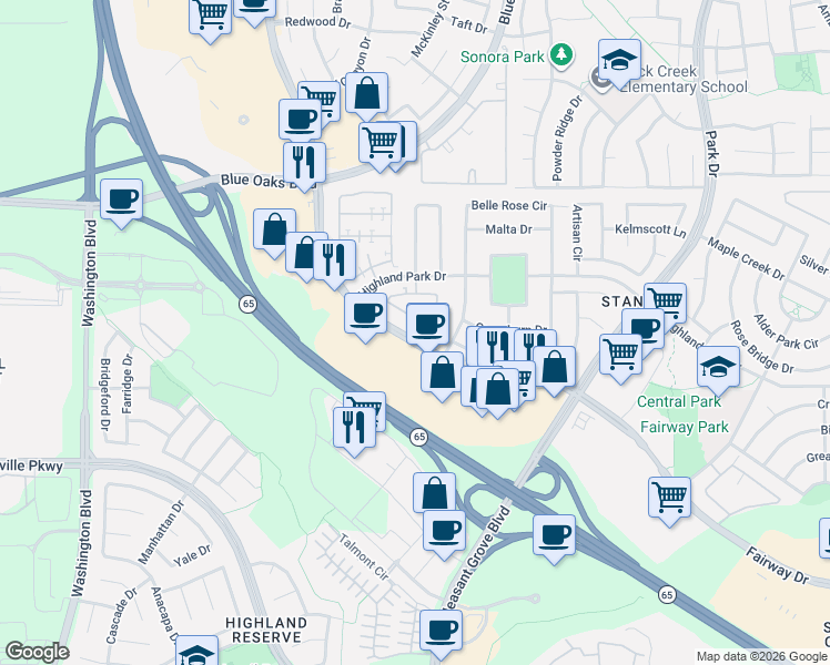 map of restaurants, bars, coffee shops, grocery stores, and more near 903 Dante Circle in Roseville