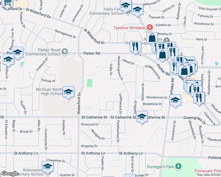 map of restaurants, bars, coffee shops, grocery stores, and more near 3030 Harness Drive in Florissant