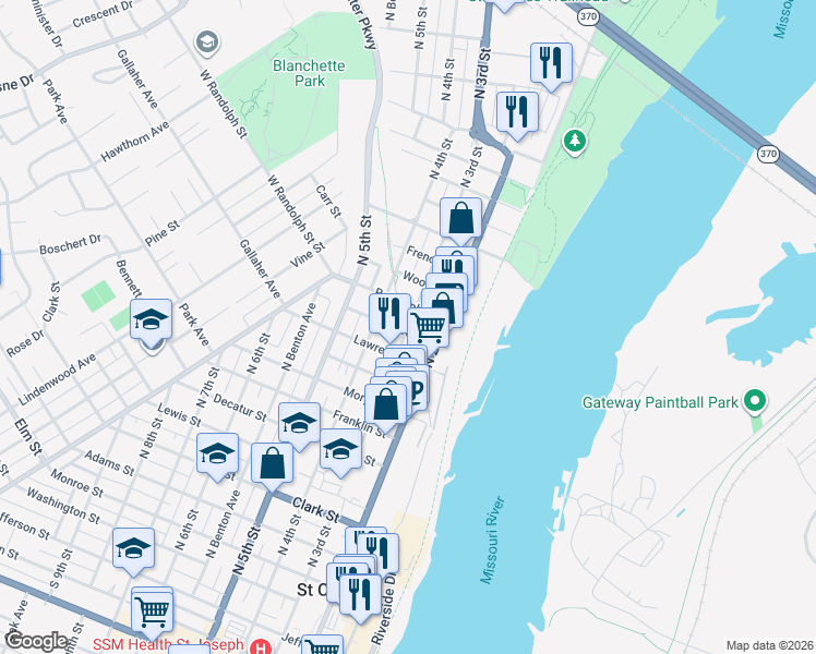 map of restaurants, bars, coffee shops, grocery stores, and more near 1212 North 3rd Street in Saint Charles