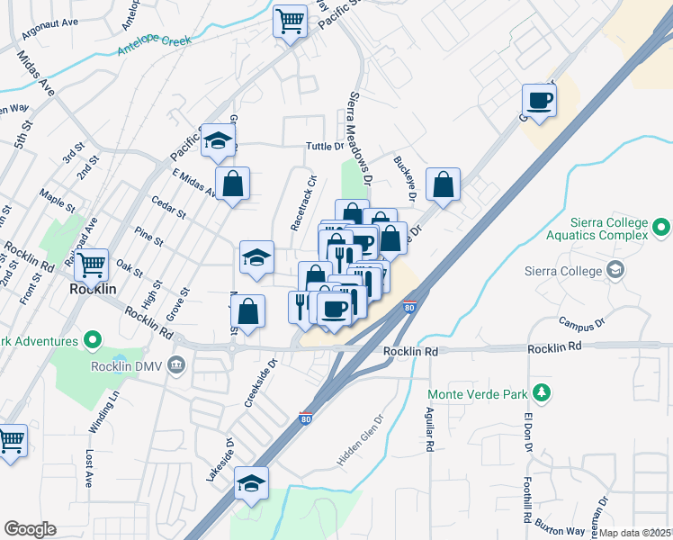 map of restaurants, bars, coffee shops, grocery stores, and more near 4800 Granite Drive in Rocklin