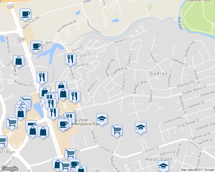 map of restaurants, bars, coffee shops, grocery stores, and more near 7757 Quail Run Lane in Manassas