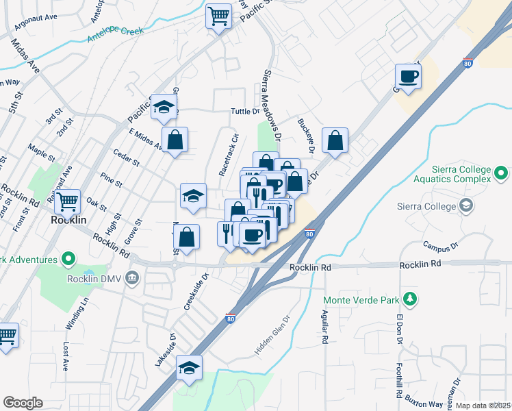 map of restaurants, bars, coffee shops, grocery stores, and more near 4800 Granite Drive in Rocklin