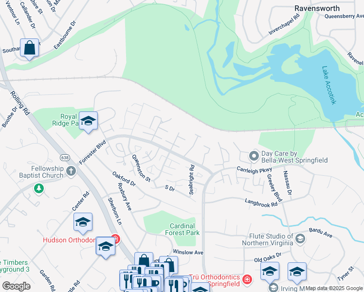 map of restaurants, bars, coffee shops, grocery stores, and more near 8312 Darlington Court in West Springfield