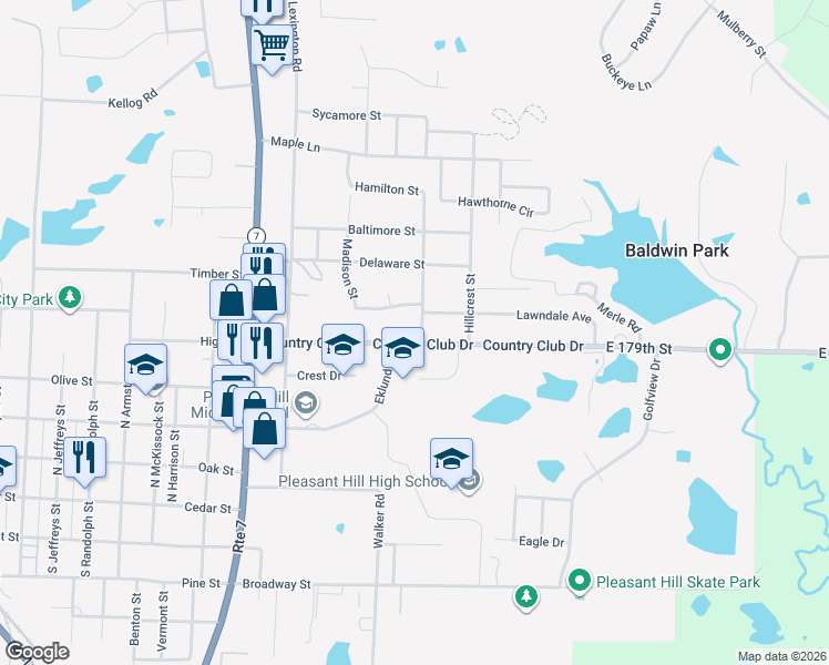 map of restaurants, bars, coffee shops, grocery stores, and more near 1405 Country Club Drive in Pleasant Hill