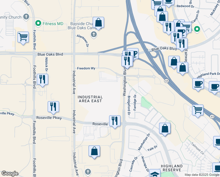 map of restaurants, bars, coffee shops, grocery stores, and more near 8875 Washington Boulevard in Roseville
