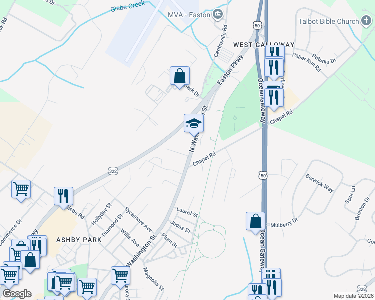 map of restaurants, bars, coffee shops, grocery stores, and more near 993 North Washington Street in Easton