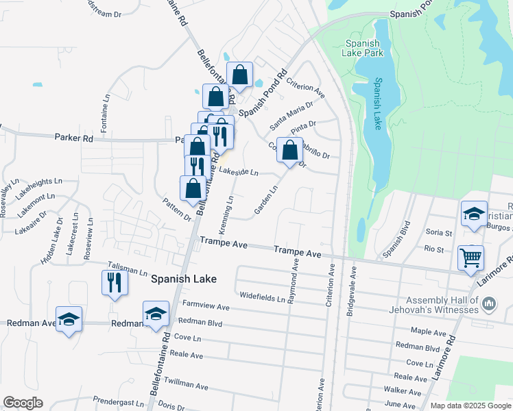 map of restaurants, bars, coffee shops, grocery stores, and more near 12011 Garden Lane in St. Louis