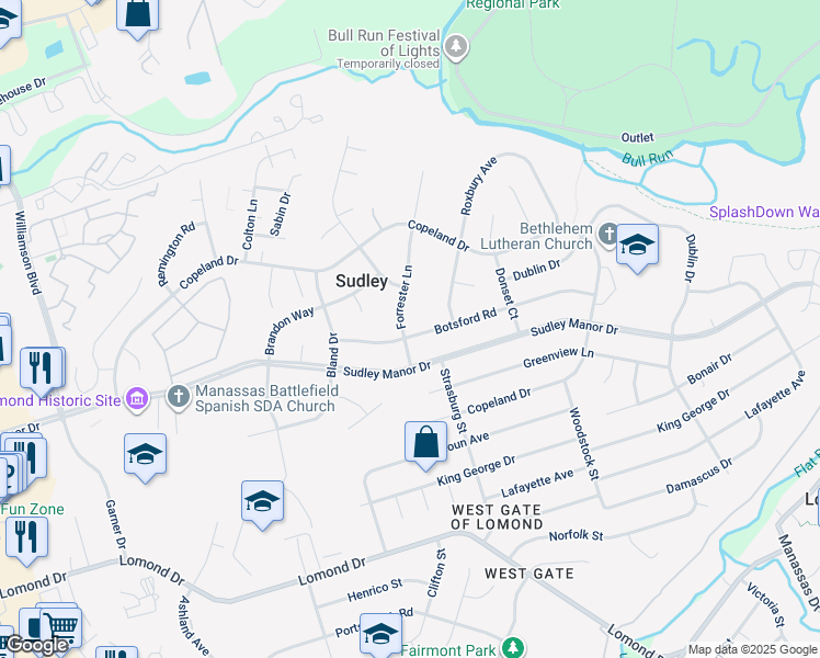 map of restaurants, bars, coffee shops, grocery stores, and more near 7521 Forrester Lane in Manassas