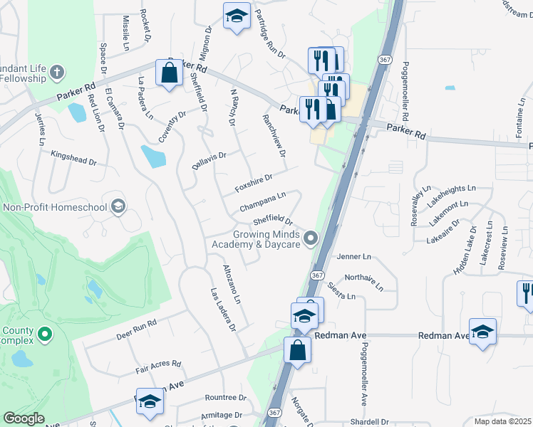 map of restaurants, bars, coffee shops, grocery stores, and more near 11520 Sheffield Drive in Florissant