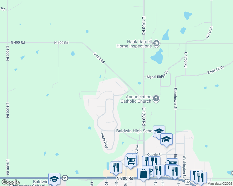 map of restaurants, bars, coffee shops, grocery stores, and more near 904 Bluestem Drive in Baldwin City