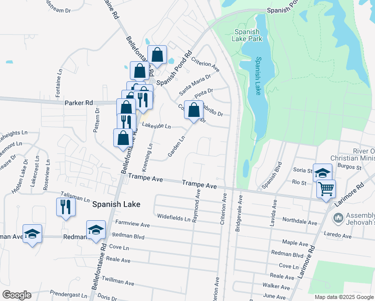 map of restaurants, bars, coffee shops, grocery stores, and more near 12087 Trampe Heights Lane in St. Louis