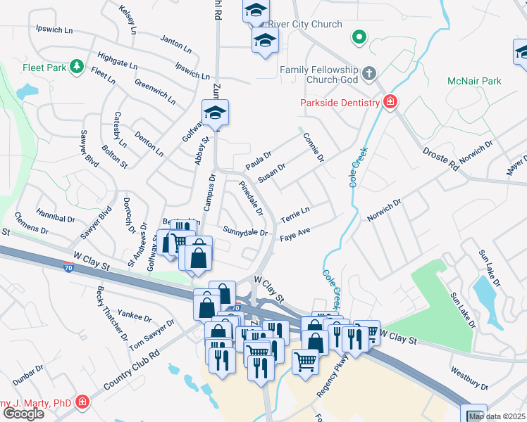map of restaurants, bars, coffee shops, grocery stores, and more near 151 Pinedale Drive in Saint Charles