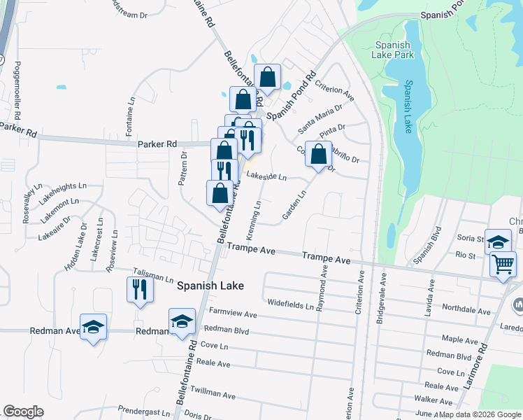 map of restaurants, bars, coffee shops, grocery stores, and more near 12048 Krenning Lane in St. Louis
