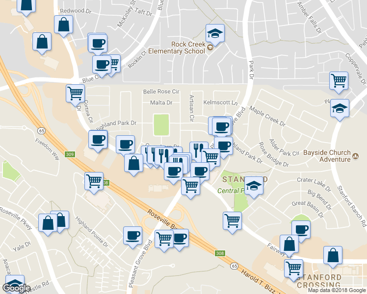 map of restaurants, bars, coffee shops, grocery stores, and more near 7465 Greenburn Drive in Roseville