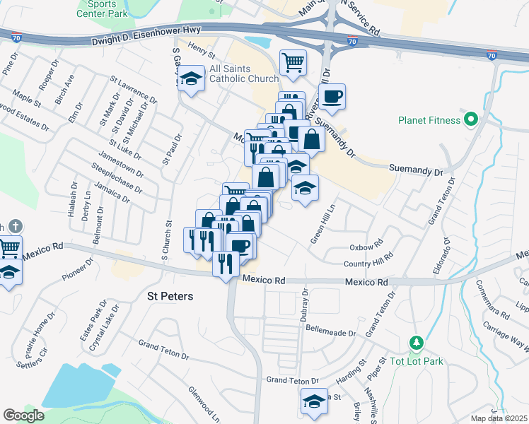 map of restaurants, bars, coffee shops, grocery stores, and more near 336 Mid Rivers Mall Drive in St. Peters