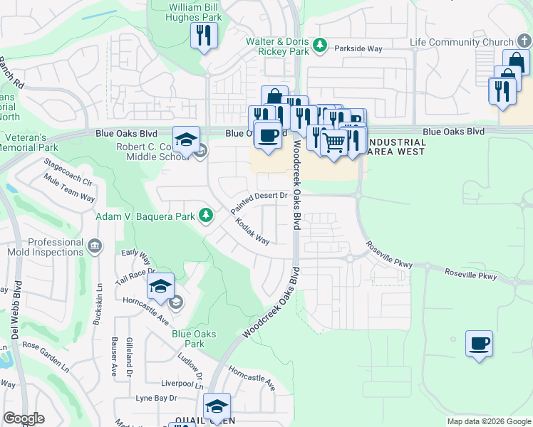 map of restaurants, bars, coffee shops, grocery stores, and more near 8972 Rising Mist Way in Roseville